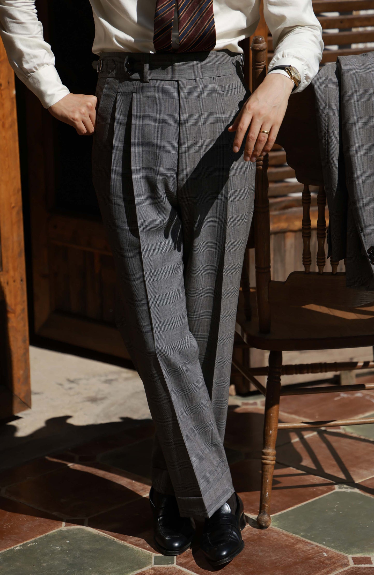 High-Waisted Suit Trousers with Parisian Side Adjusters — Grey Prince of Wales Check