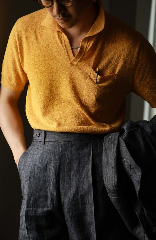 Combed Cotton Terry-Textured Knit Short-Sleeve V-Neck Polo — Gardenia Yellow