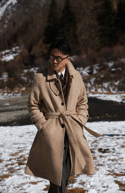 Textured Balmacaan Overcoat — Desert Herringbone