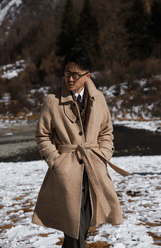 Textured Balmacaan Overcoat — Desert Herringbone