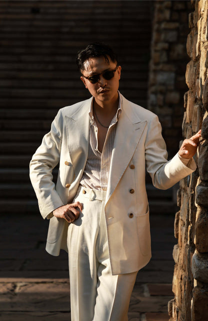 Tussah Silk-Linen Blend Textured Twill Half-Canvas Double-Breasted Suit Jacket — Wheat White