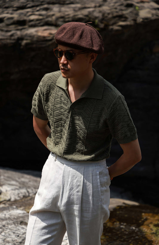 Pine-Texture High-Twist Cotton Short-Sleeve Polo — Pine Rock Green