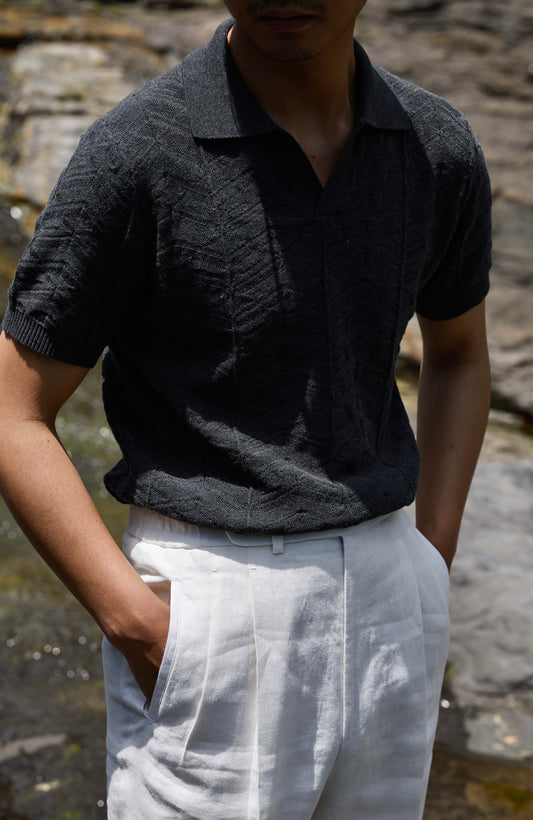 Pine-Texture High-Twist Cotton Short-Sleeve Polo — Miststone Grey