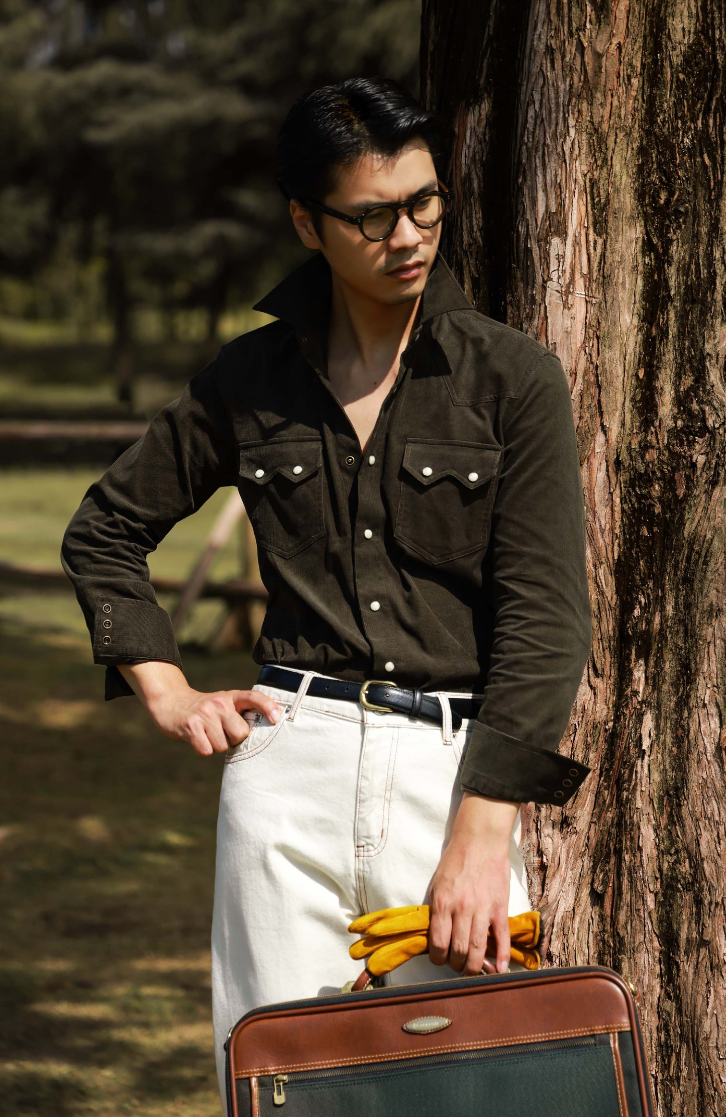 Western Collar Long-Sleeve Shirt(21-Wale Japanese Corduroy) — Pine Green