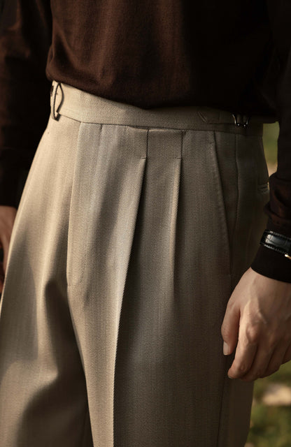 Heavyweight Cavalry Twill Wool High-Waisted Suit Trousers with Side-Adjusters — Cool Taupe