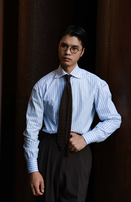 SÖKTAS Handcrafted Spread Collar Shirt — Capri Blue Stripe