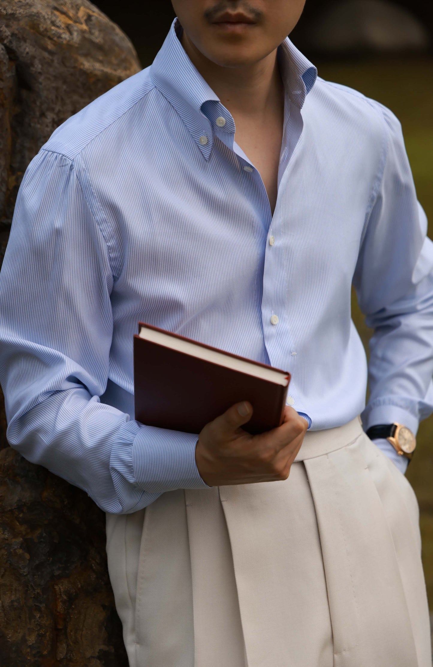 Handcrafted Button-down Collar Shirt in Mulberry Silk — Moonlit Blue Stripe