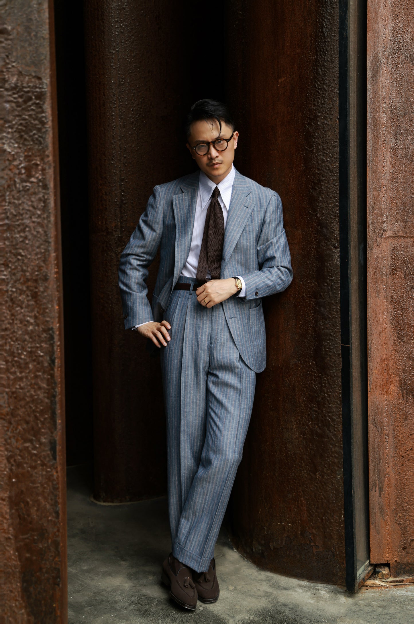 Suit Trousers with Hollywood-Waist and High-Waisted Double-Pleated — Blue& Grey