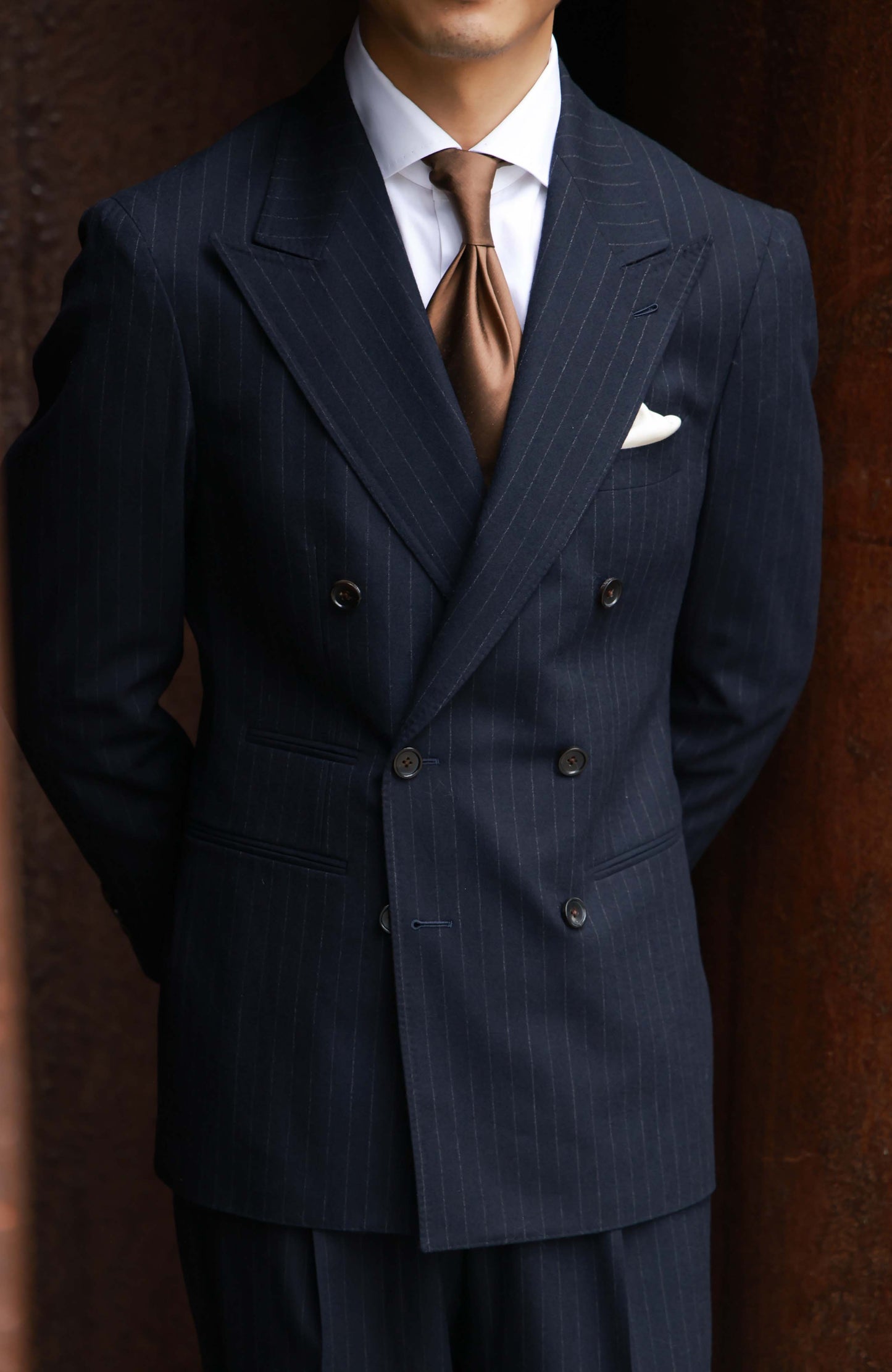 Half-Canvas Double-Breasted Flannel Suit Jacket — Navy Chalk Stripe