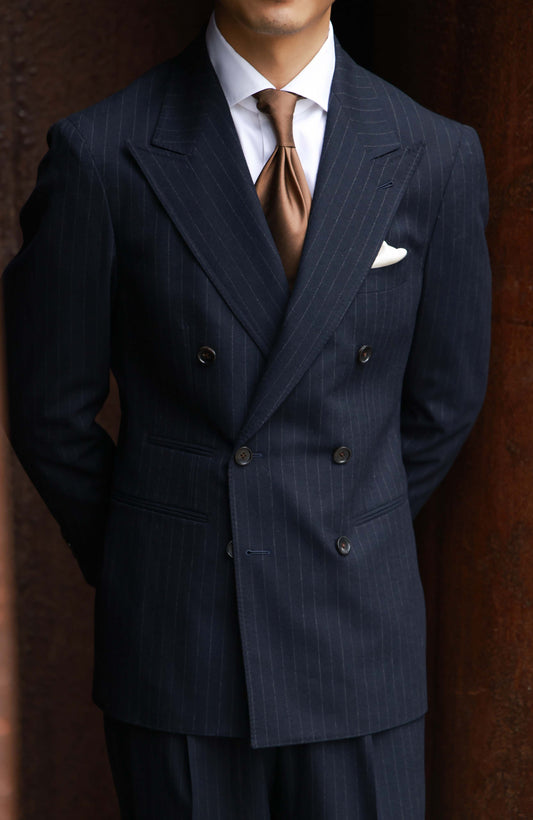Half-Canvas Double-Breasted Flannel Suit Jacket — Navy Chalk Stripe