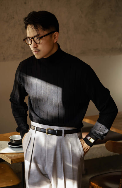 100% Merino Wool Ribbed Turtle Neck Sweater — Phantom Black