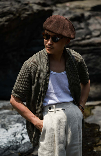 Openwork Hard-Twist Cotton Short-Sleeve Cardigan — Mossy Shadow