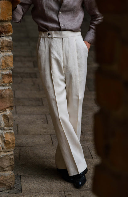 Heavyweight Linen Permanent-Crease Hidden-Drawstring Trousers — Sand Mist White