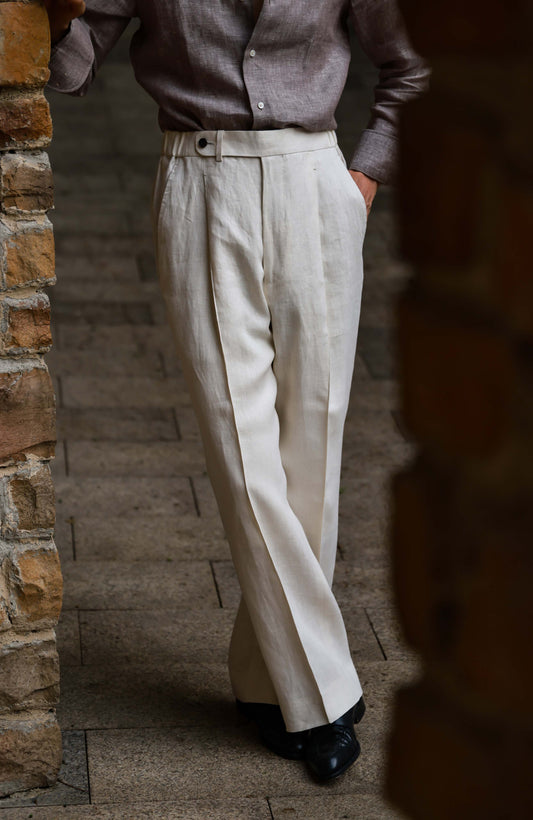 Heavyweight Linen Permanent-Crease Hidden-Drawstring Trousers — Sand Mist White