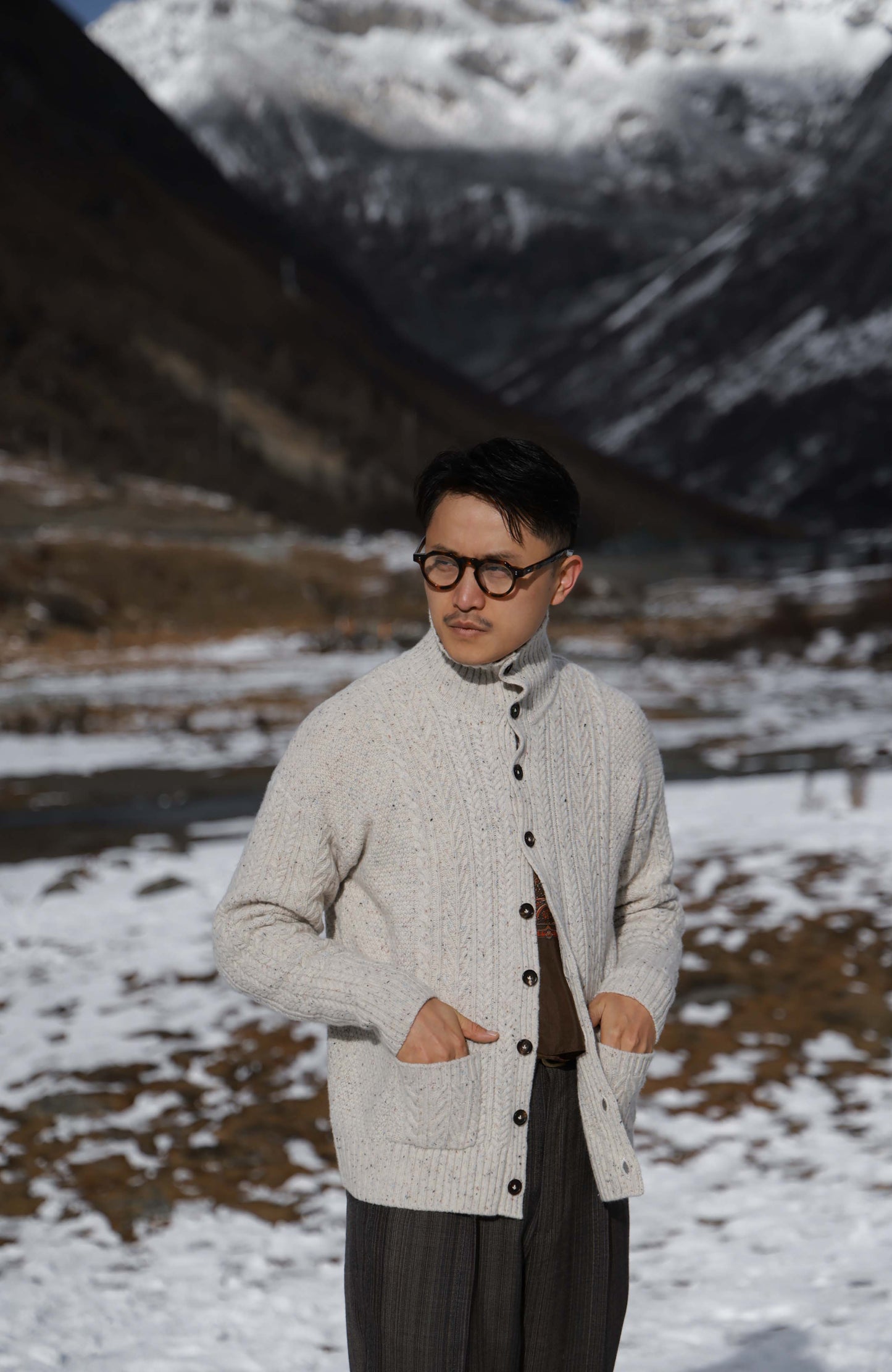 Aran-Cable Wool Cardigan High-Neck Sweater — Speckled Ivory