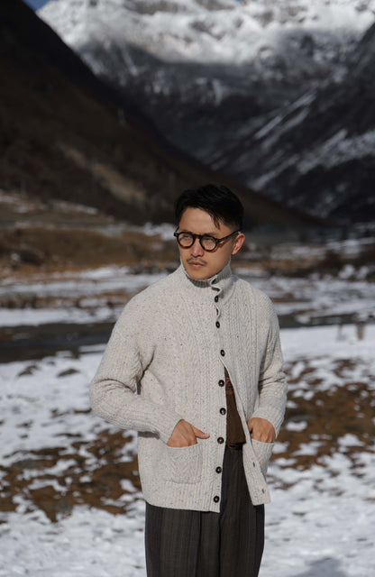 Aran-Cable Wool Cardigan High-Neck Sweater — Speckled Ivory