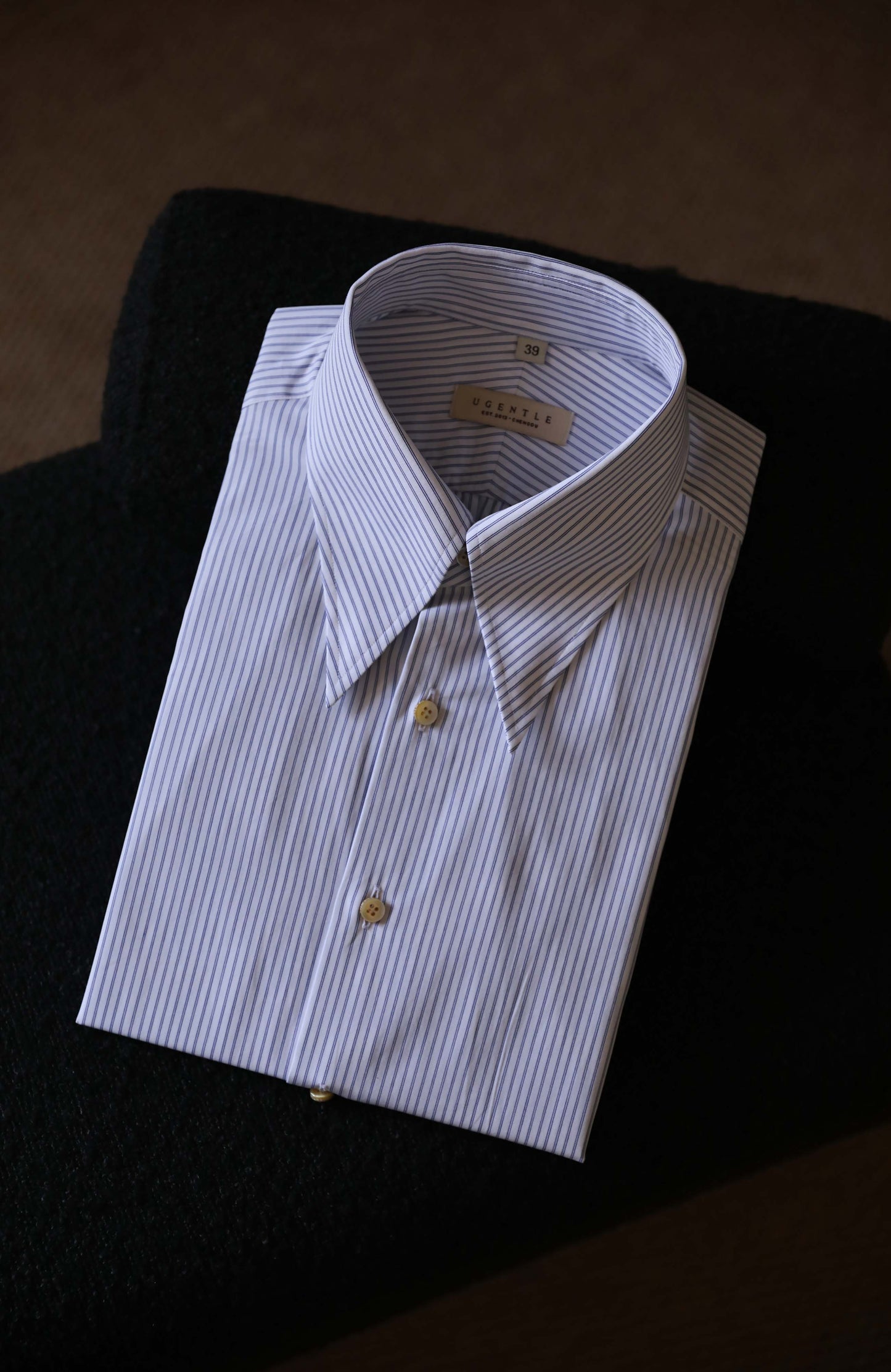 CANCLINI Cotton Handcrafted Long Point Collar Shirt — Dusty Blue Stripe