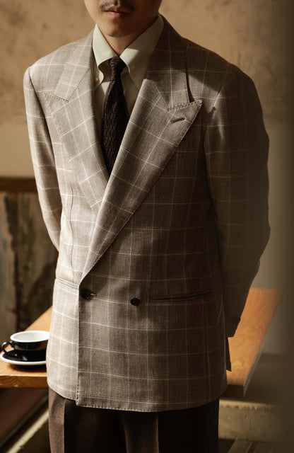 MOON Full-Canvas Double-Breasted Silk & Linen Suit Jacket — Taupe Windowpane