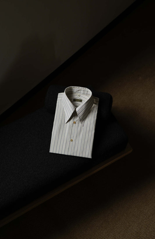 Japanese Silk-Cotton Handcrafted Long Point Collar Shirt — Golden Vein Stripe