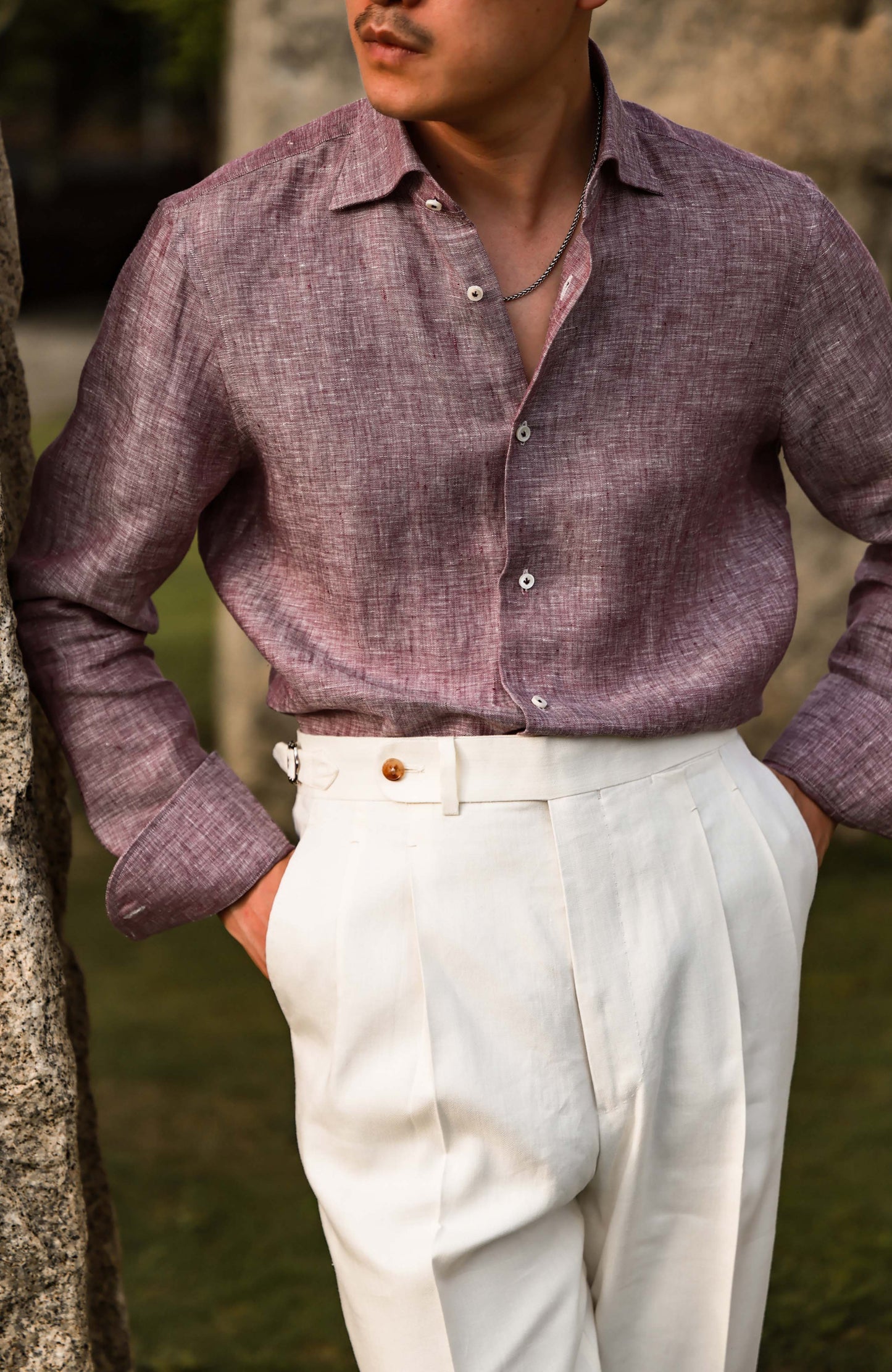 Linen Wide-Spread Collar Shirt — Violet Dusk