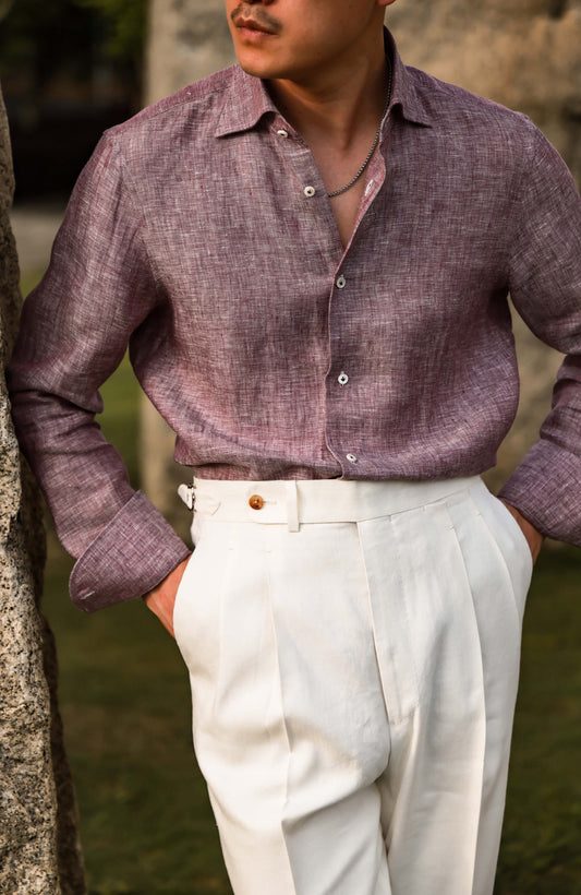 Linen Wide-Spread Collar Shirt — Violet Dusk