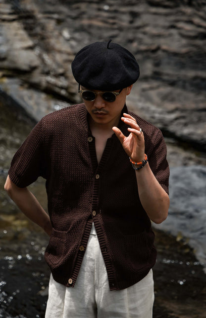 Openwork Hard-Twist Cotton Short-Sleeve Cardigan — Palm Stain