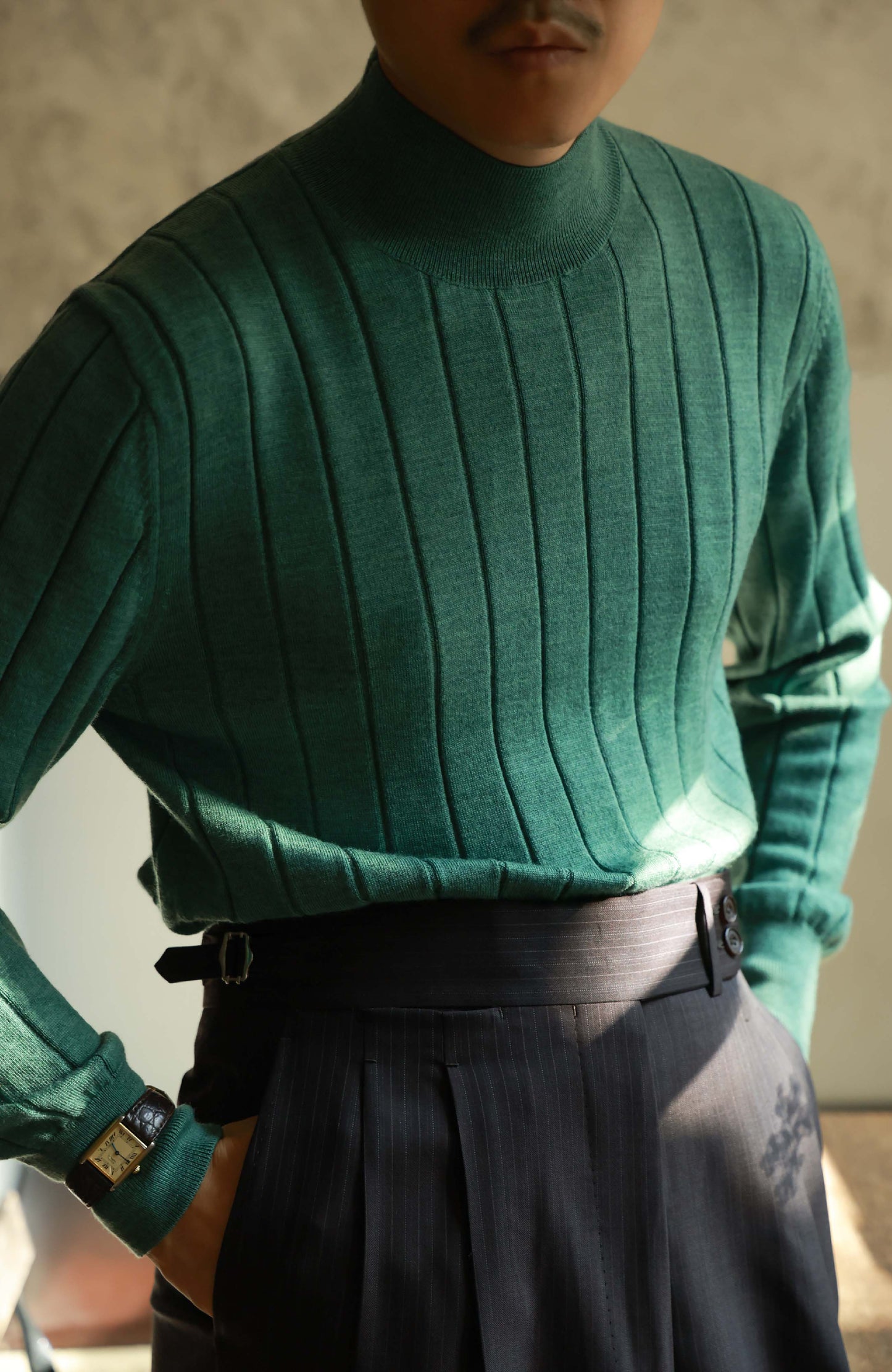 100% Merino Wool Ribbed Mock Neck Sweater — Moss Green
