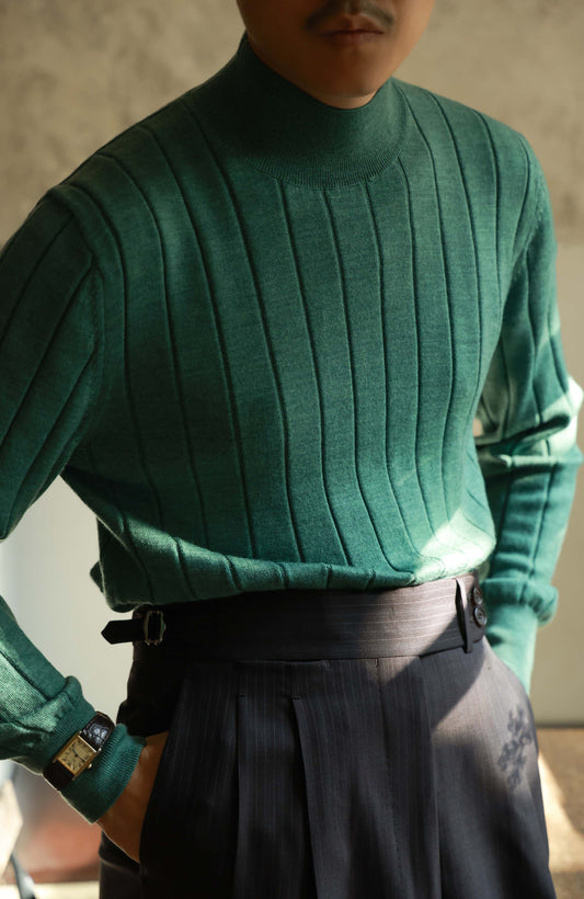 100% Merino Wool Ribbed Mock Neck Sweater — Moss Green