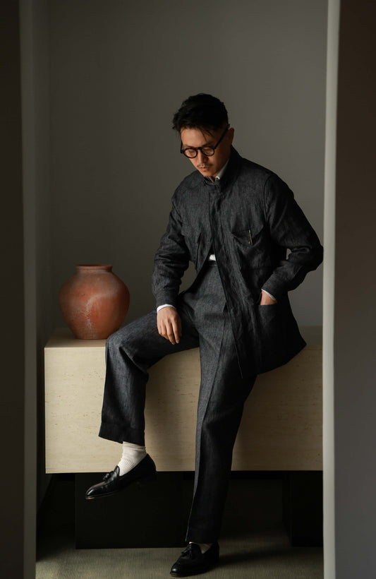 Heavyweight Linen Washed Safari Jacket — Wilderness Grey Denim