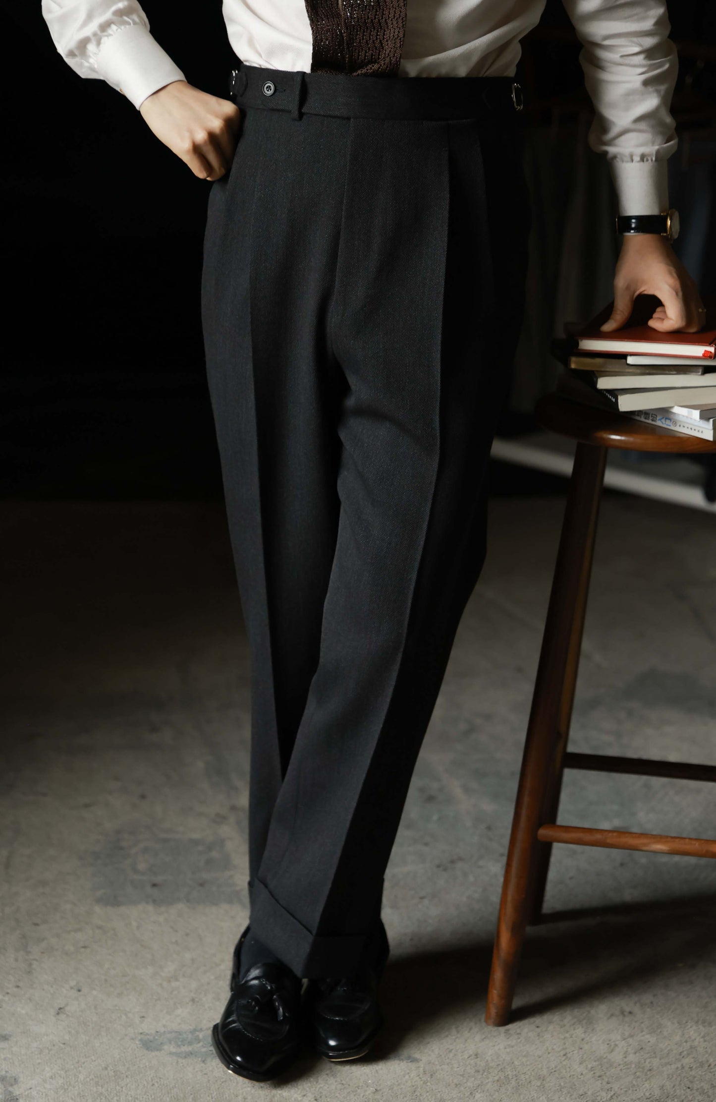 Heavyweight Cavalry Twill Wool High-Waisted Suit Trousers with Parisian Side Adjusters — Graphite Grey