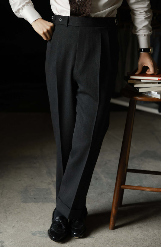 Heavyweight Cavalry Twill Wool High-Waisted Suit Trousers with Parisian Side Adjusters — Graphite Grey