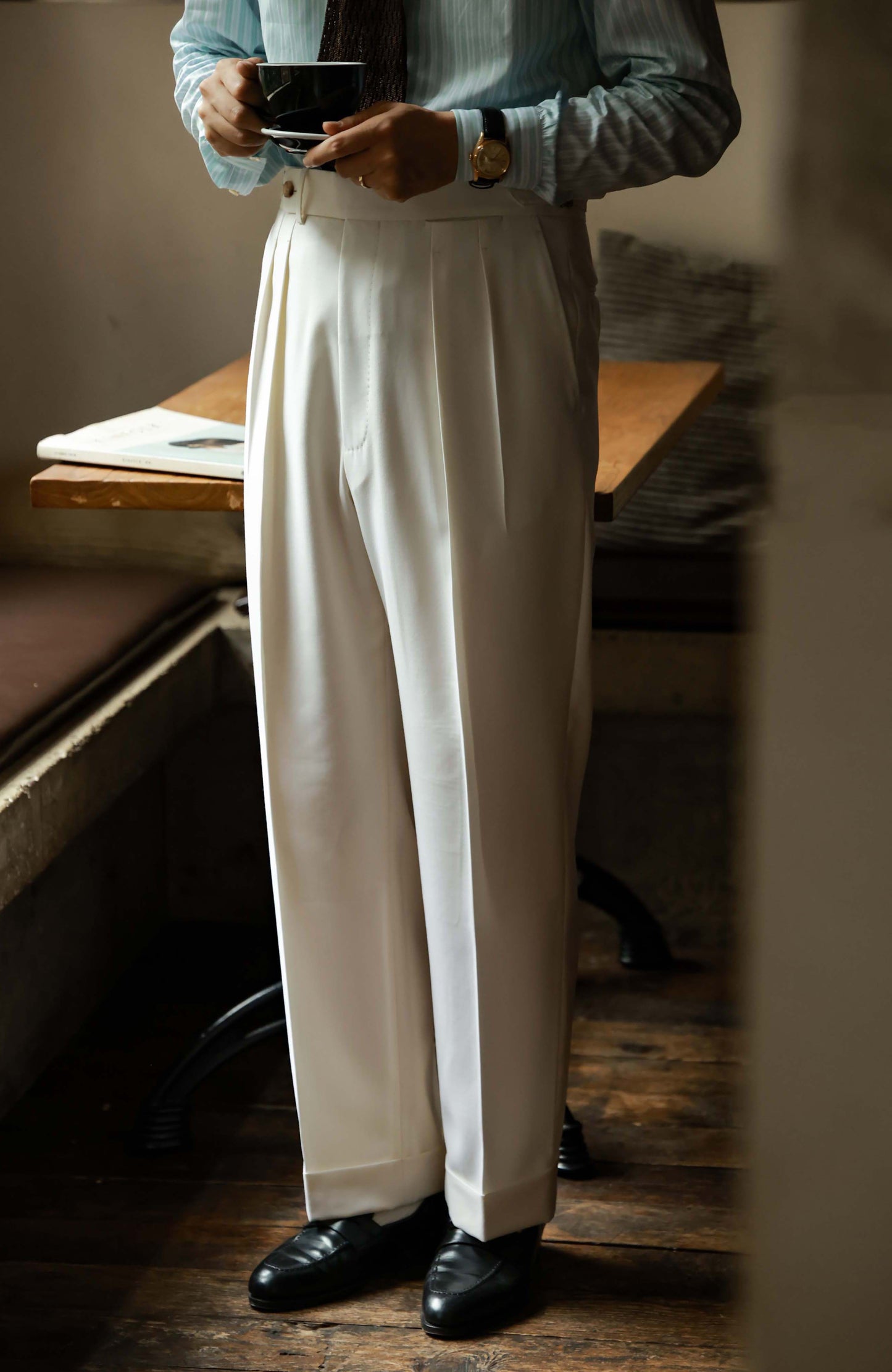 Tollegno 1900 High-Waisted Suit Trousers with Parisian Side Adjusters — Mousse White