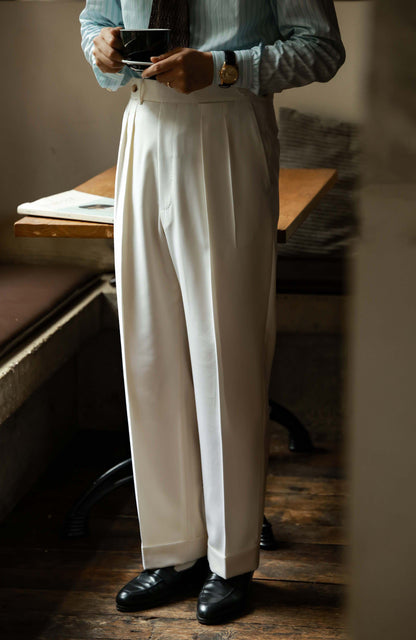 Tollegno 1900 High-Waisted Suit Trousers with Parisian Side Adjusters — Mousse White