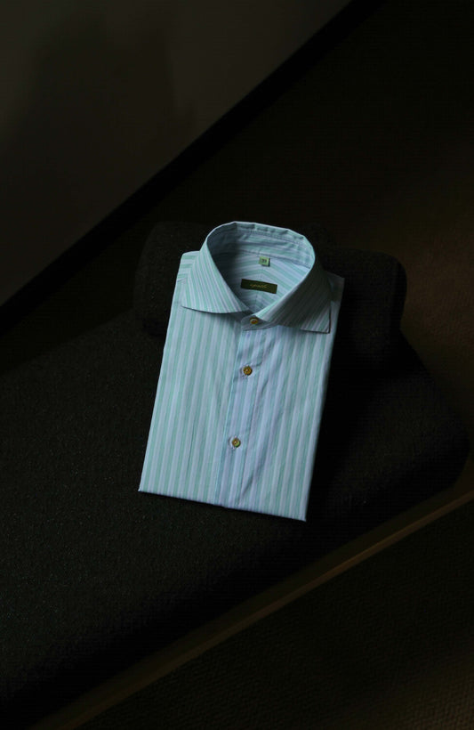 SÖKTAS Cotton Handcrafted Cutaway Collar Shirt — Tuscan Green Stripe