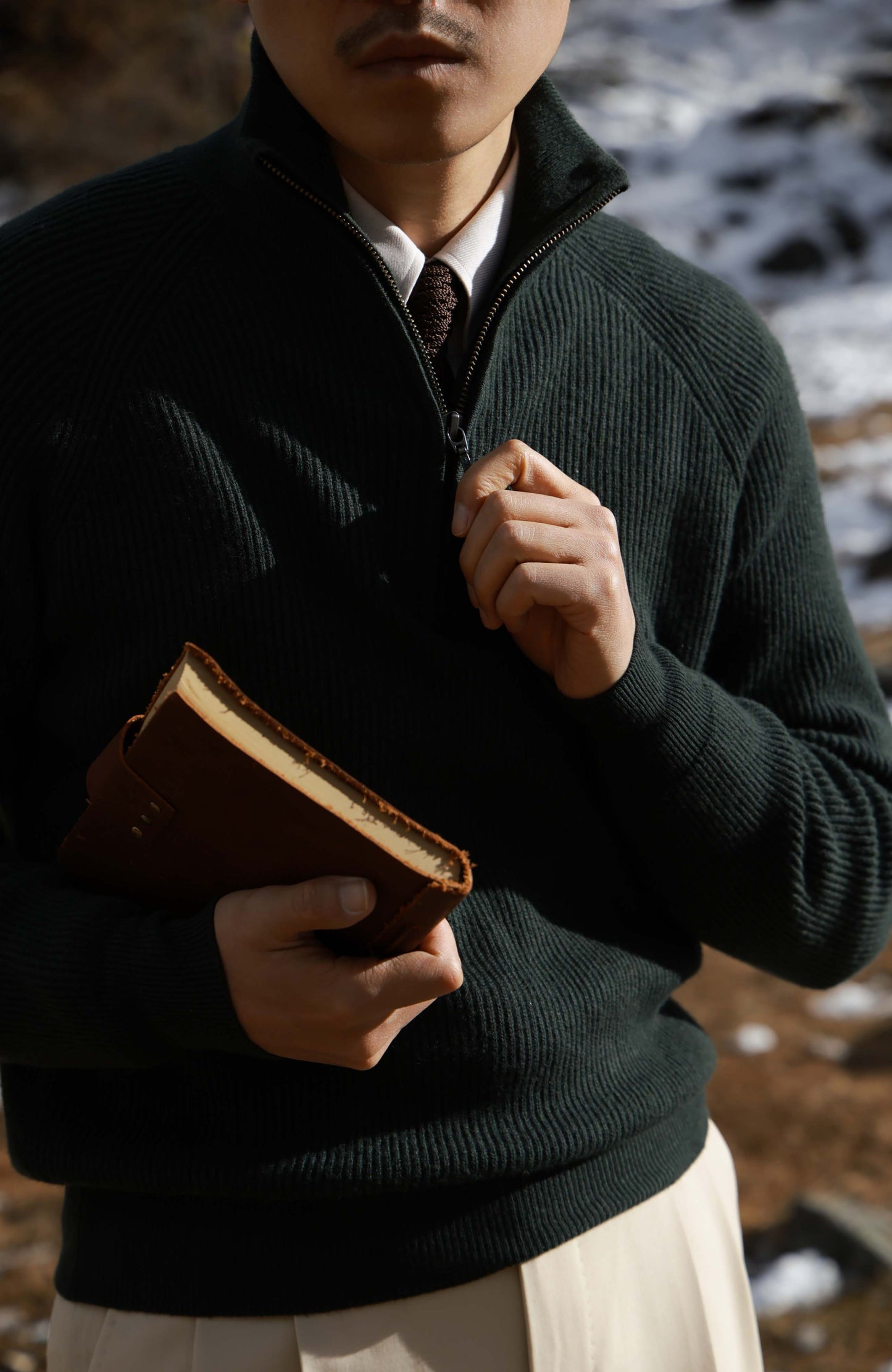 Half-Zip Wool-Cashmere Mock Neck Sweater — Forest Green