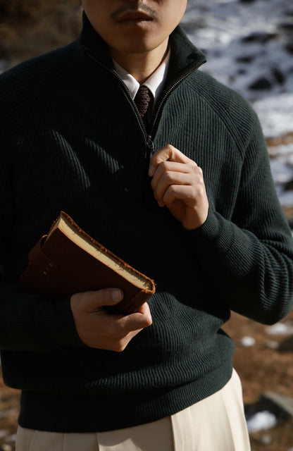 Half-Zip Wool-Cashmere Mock Neck Sweater — Forest Green