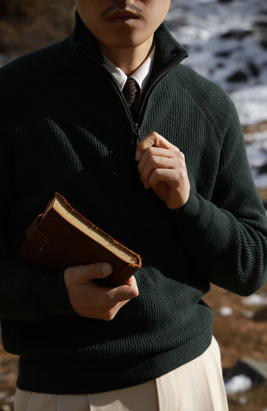 Half-Zip Wool-Cashmere Mock Neck Sweater — Forest Green