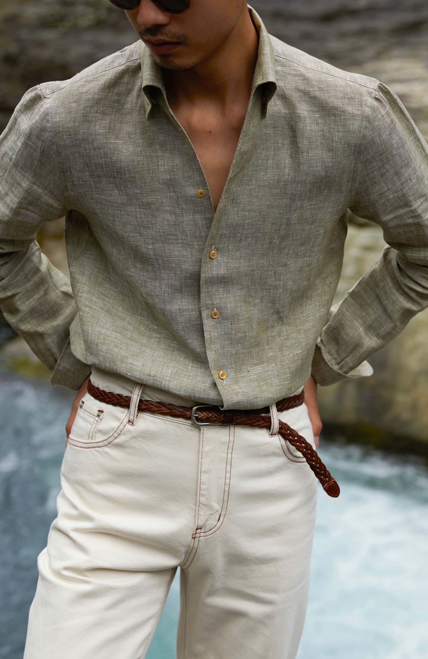 Linen One-Piece Collar Shirt — Moss Green
