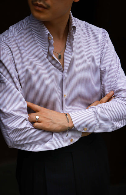 CANCLINI Cotton Handcrafted Long Point Collar Shirt — Terracotta Brown Stripe