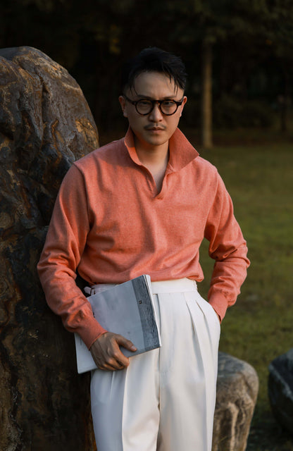 Cashmere Cotton One-Piece Polo Sweater — Coral Pink