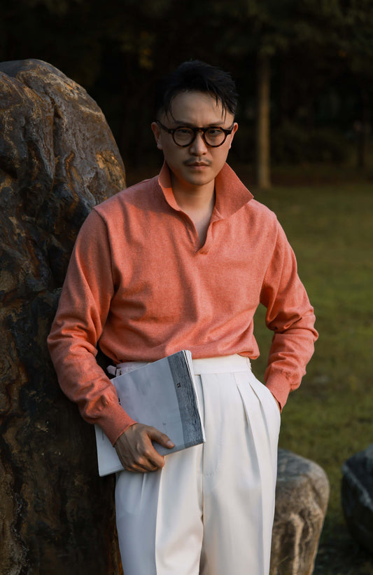 Cashmere Cotton One-Piece Polo Sweater — Coral Pink