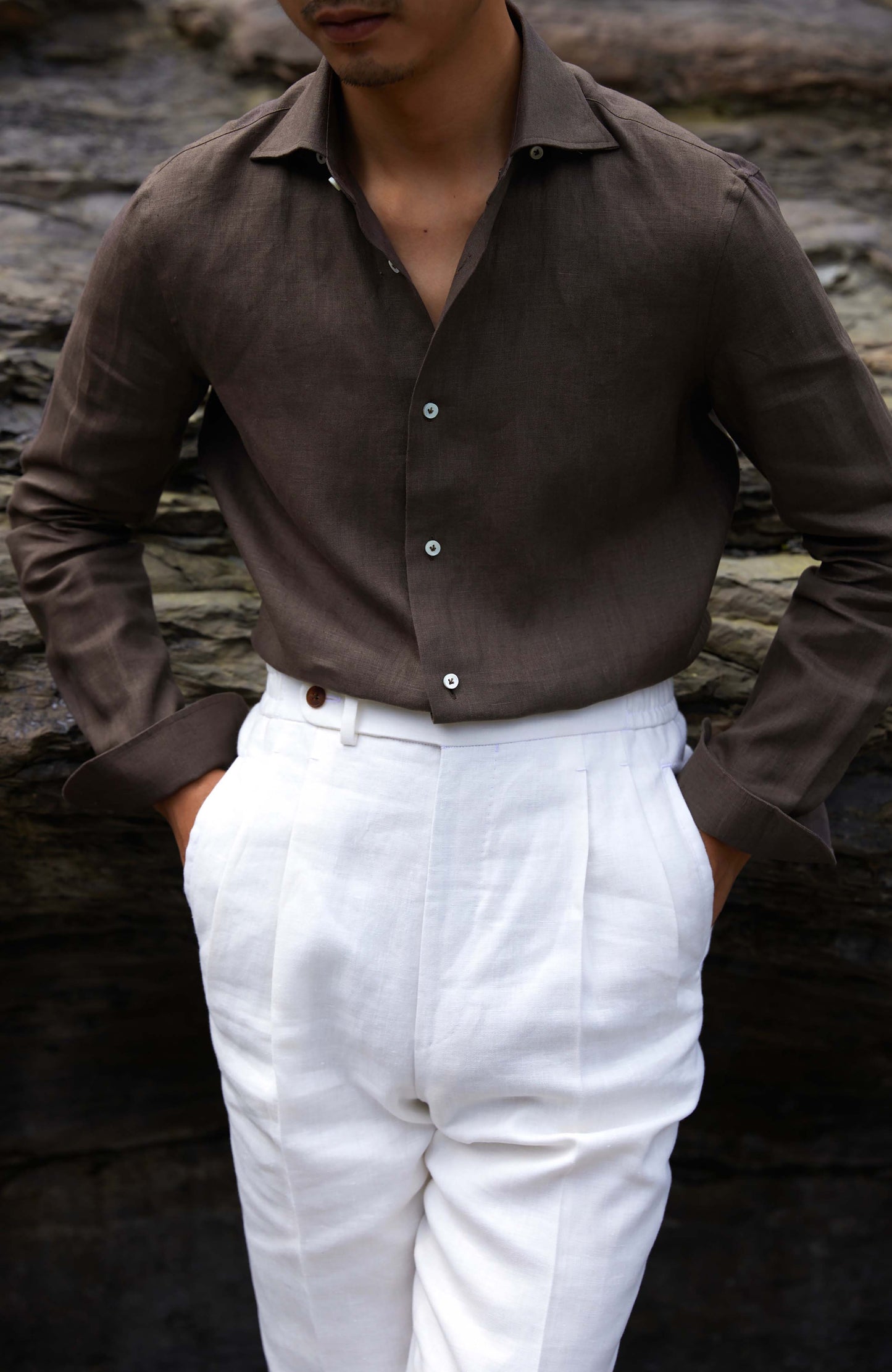 Linen Wide-Spread Collar Shirt — Driftwood Brown
