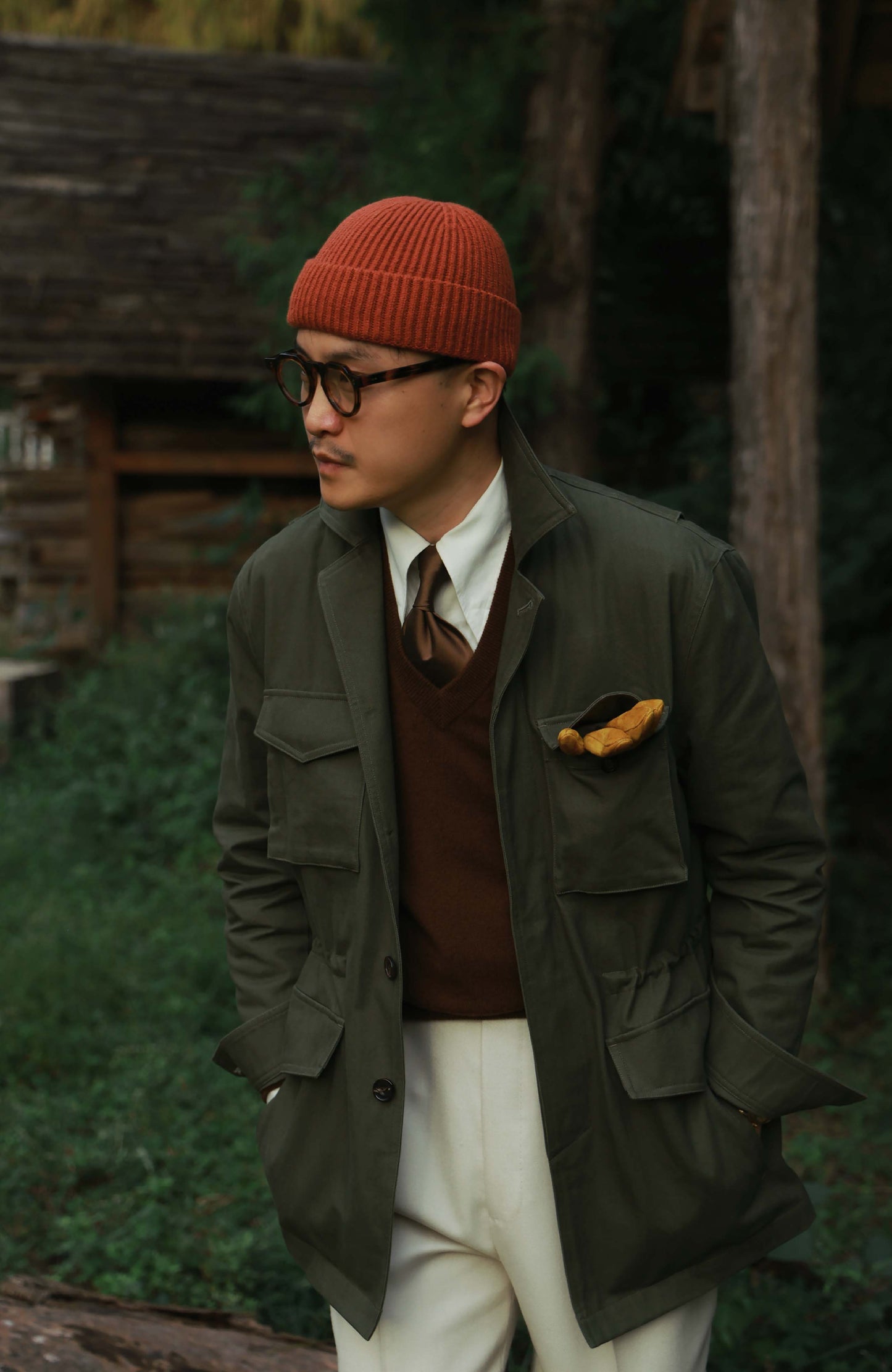 Heavy-Washed Cotton Herringbone Field Jacket — Forest Moss Green