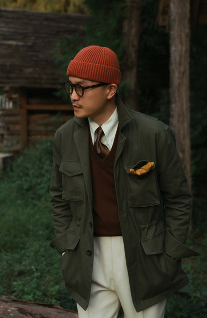 Heavy-Washed Cotton Herringbone Field Jacket — Forest Moss Green