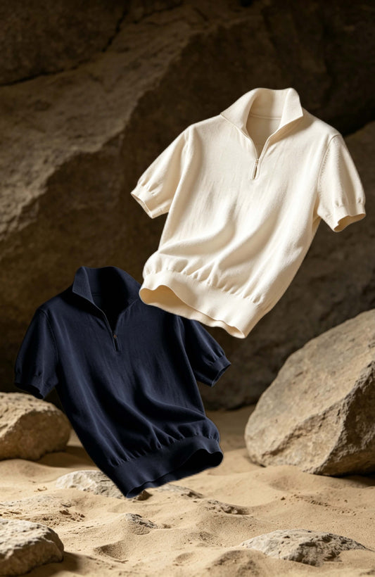 Cashmere Cotton 16-Gauge Knit Polo — Misty White/ Misty Navy