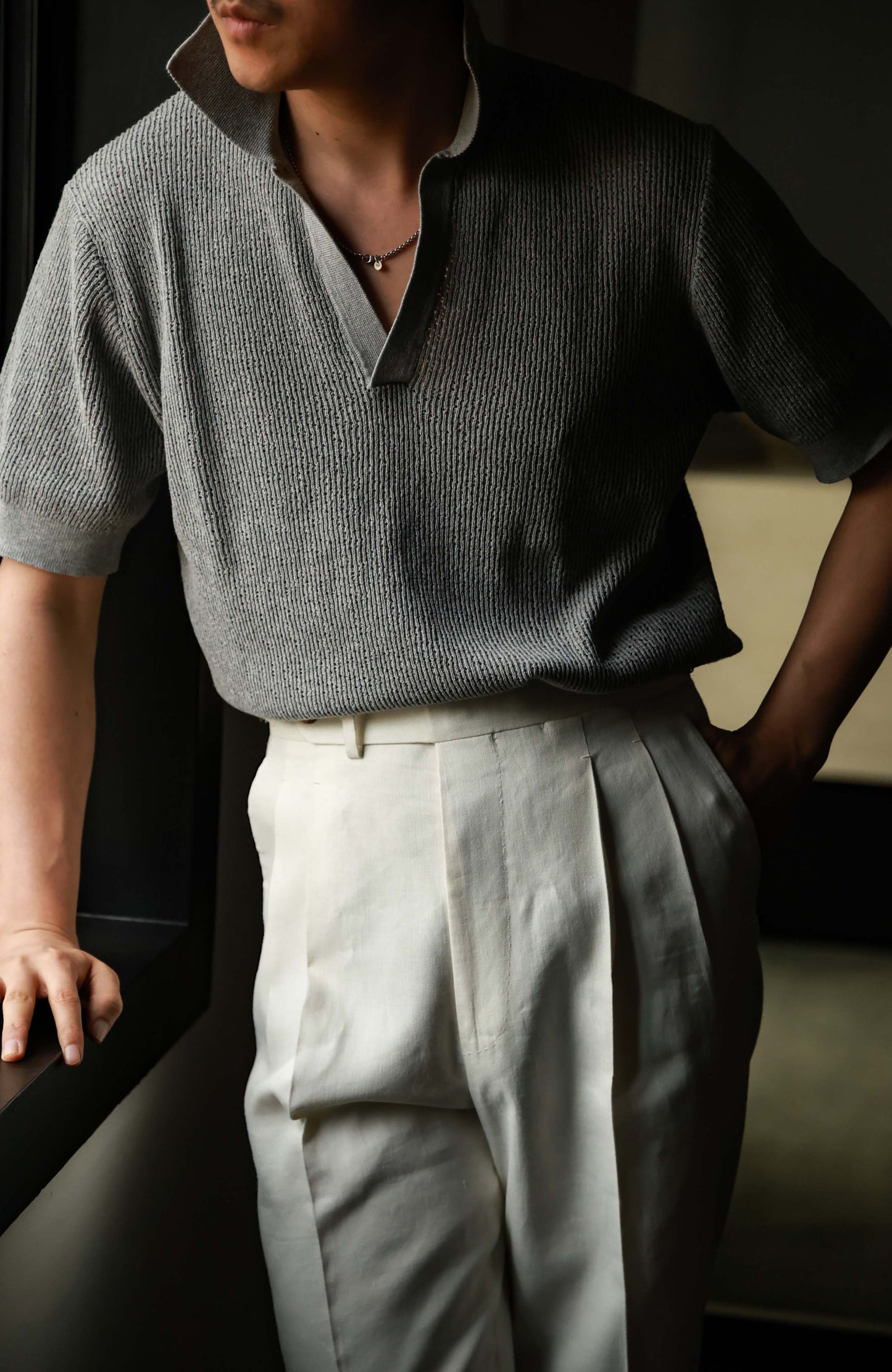Twist Cotton Heavyweight Textured Knit Short-Sleeve Polo — Stone Grey