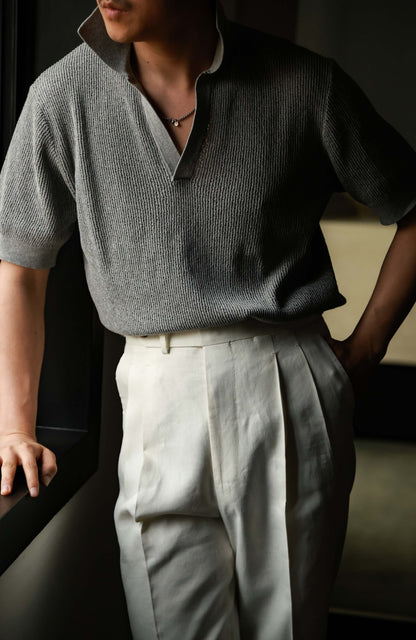 Twist Cotton Heavyweight Textured Knit Short-Sleeve Polo — Stone Grey