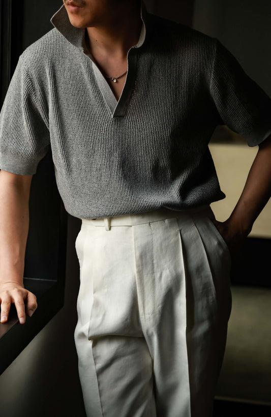Twist Cotton Heavyweight Textured Knit Short-Sleeve Polo — Stone Grey