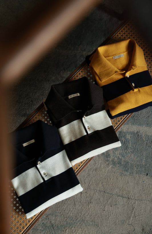 Cashmere Cotton Polo Sweater — Brown White Bold Stripe