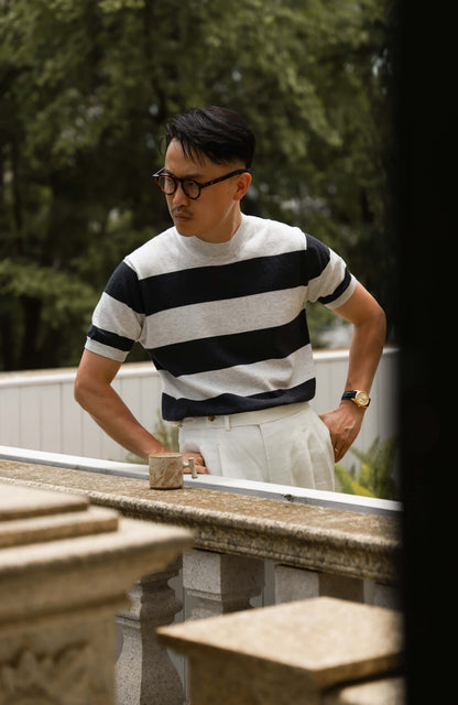Cashmere-Cotton Knit Mock Neck T-Shirt — Shadow Grey Stripe